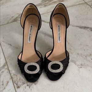 Manolo Blahnik Black Satin Heels with Crystal Oval Buckle